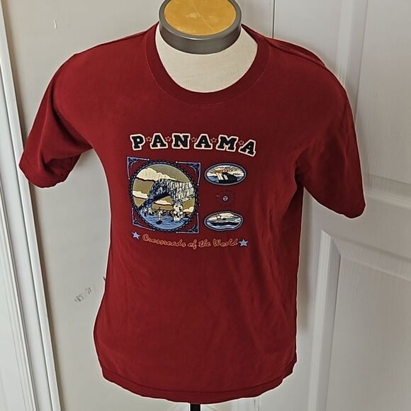 Vintage Unisex Panama City Logo Short Sleeves Cotton T-Shirt Medium Burgundy - Picture 2 of 16